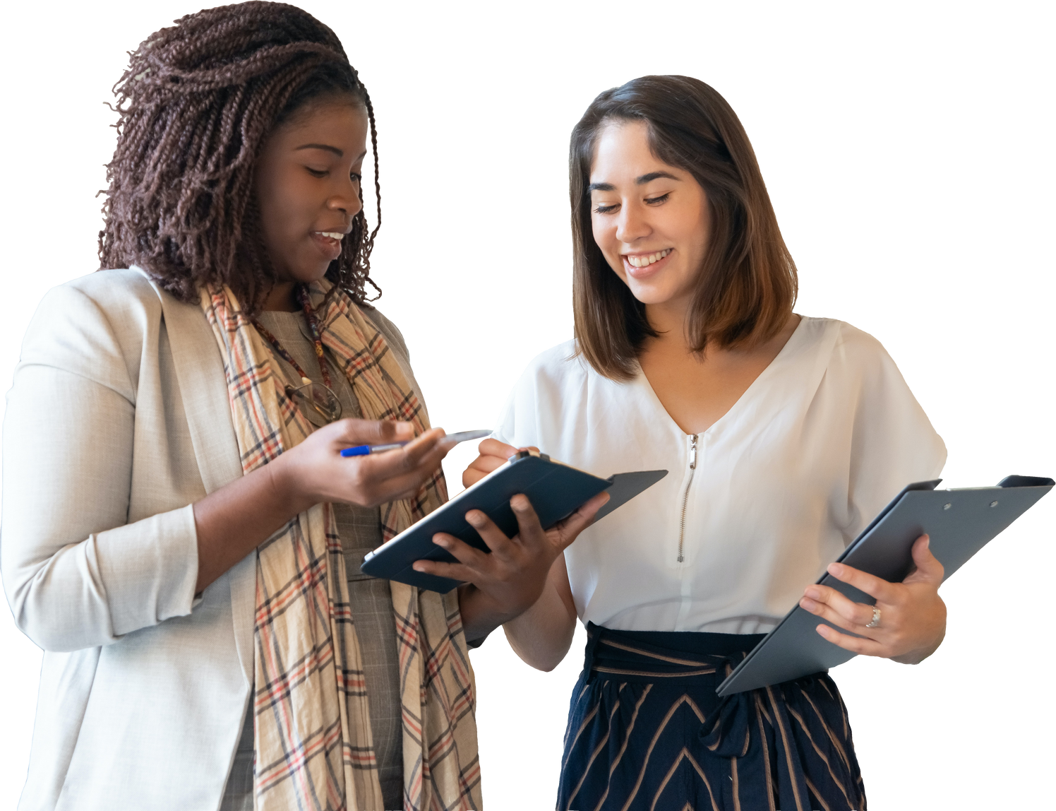 Diverse Women with Tablet and Folder Having Casual Meeting